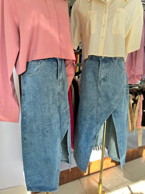 Summer Sexy Side Slit Mid Length High Waist Denim Skirts
